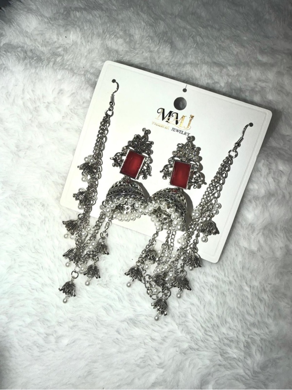 MJ Silver-Tone Red Stone Chandbali Earrings with Pearl Tassels